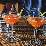 One of my paintings was used as part of a promotion for gin, and the organizers invited me for cocktails at Bar Batavia in Toronto. Th bar/restaurant is named after the capital of the former Dutch colonies in the East Indies, now known as Jakarta, Indonesia. As a Dutchmen I could appreciate the choice, and the moment was celebrated with an orange coloured drink, decorated with a sliver of lemon peel. Although the Dutch colonial past is not something to celebrate, the Indonesian food certainly is. In the box, in front of the menus stands a bottle of ‘sambal’, traditional Indonesian hot sauce.