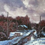 bridge in country road in winter with barns and forest in background; purple and crimson hues