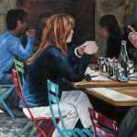 The mood on this courtyard patio in France was so relaxed; people engaged in soft conversations over lunch, having all the time in the world. While savouring her ‘petit tasse de café’, the young woman featured in the painting listens bemused to the words, rant maybe, of her table partner. The coloured café chairs make light of the moment; French joie de vivre.