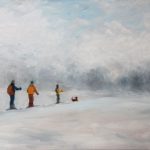 Three cross country skiers and a jumping dog are surrounded by silence in world of white created by the early morning fog.