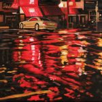 A golden Mercedes Benz sports car sits on an otherwise empty King Street parking lot. Neons of the business across the street cast their red and pink reflections on the wet and broken pavement.