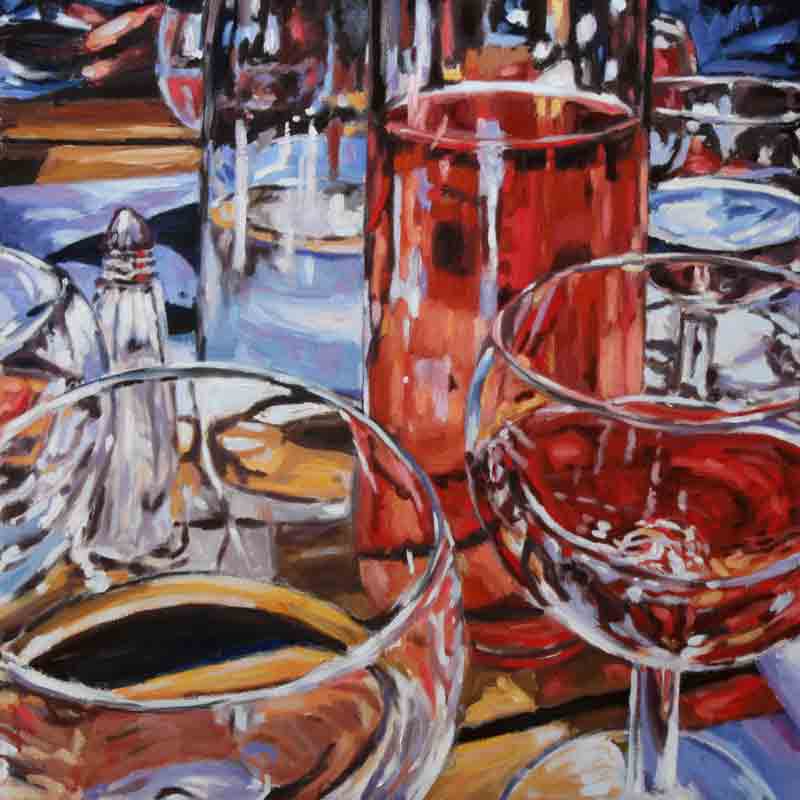 A table on the patio set with a rosé wine and water. Clicking on this image brings you to the “Celebration” gallery of paintings