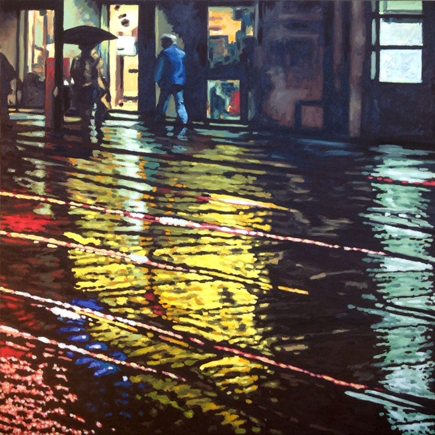 Two figures walking in opposite direction on a sidewalk while yellow and green lights reflect on the rainy street. Clicking on this image brings you to the “Nocturnes” gallery of paintings