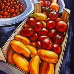 Colourful harvest of red, orange and yellow heritage tomatoes in a wooden crate and two white ceramic bowls on a purple background