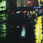 cars parked on side of street at night, seen from wet street, green and yellow reflections around silhouette of cares