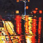 a truck is waiting at traffic lights, break lights on,; it's a deep dark night, the background is balc/deep purple; at the far side silhouettes of pedestrians, the street is wet, and reflects white, yellow and red light, and takes up more than half of the painting's surface; the guuter is lit up golden.