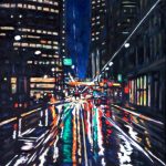 Queen Street, Toronto, looking toward the Eaton Centre with the pedestrian overpass to the Bay. The wet street reflects street lights and commercial signs: green, red, orange, yellow and white.