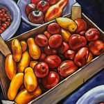 Colourful harvest of red, orange and yellow heritage tomatoes in a wooden crate and two white ceramic bowls on a purple background